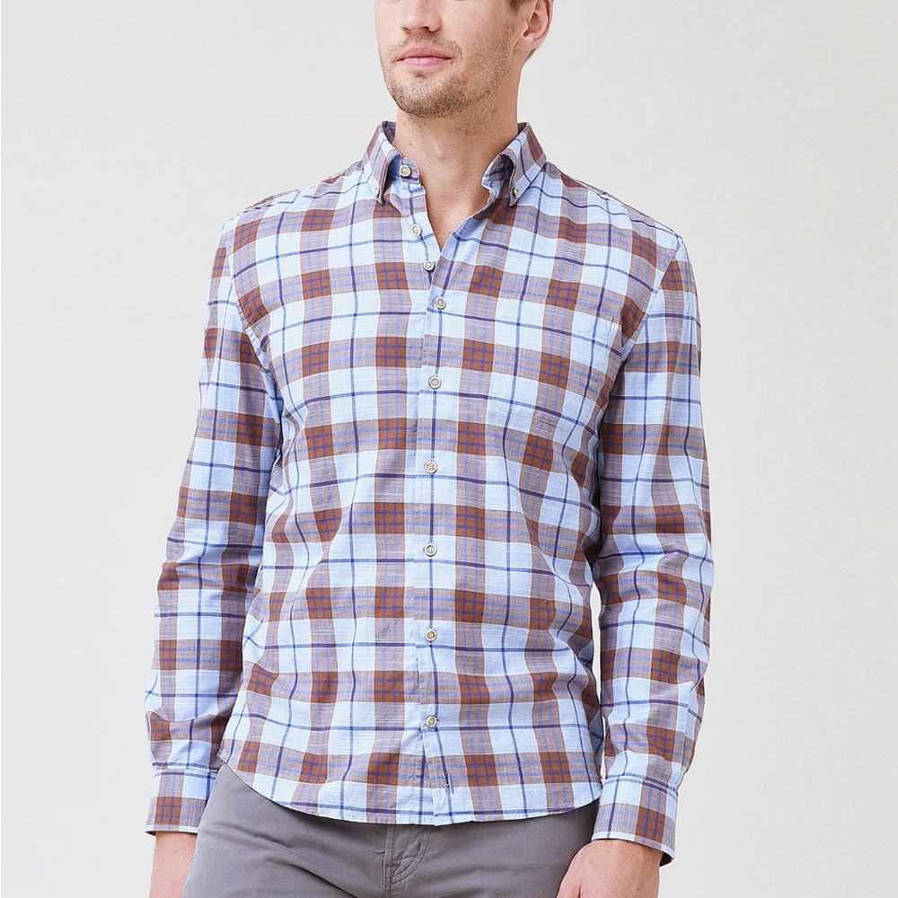 Johnnie O Men's Blue and Brown Plaid Shirt